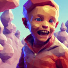 Stylized 3D illustration: Boy with exaggerated smile in purple crystal landscape