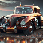 Vintage Car with Copper and Chrome Finishes on Rocky Terrain at Sunset