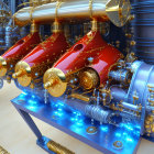 Futuristic 3D rendering of gold and red engine with blue lights
