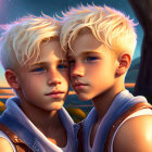 Blond-Haired Twin Boys in Sunset-Lit Scene