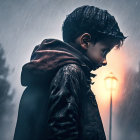 Child in hooded cloak confronts Godzilla-like creature in rainy urban scene