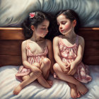 Identical twin girls in pastel lingerie on bed with wood paneling