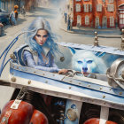 Fantasy Artwork of Woman with Blue Hair and Cat-Like Creature in Retro-Futuristic Car