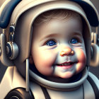 Smiling baby in detailed astronaut helmet and suit with glowing face