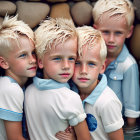Four young blonde boys in white and blue shirts with wet hair against smooth rocks.