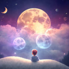 Child admires glowing moon on fluffy hill under purple sky.