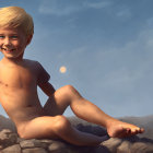 Young boy smiling on ground against blue sky