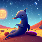 Starry-textured smiling dolphin in desert landscape with celestial elements.