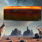 Surreal alien landscape with kangaroos and floating window depicting Mars-like scene