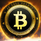 Futuristic Bitcoin symbol with fiery elements on starry backdrop