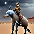 Child in Brown Jacket Smiling on Dolphin Sculpture in Desert Twilight