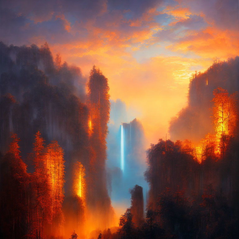 Misty forest, glowing waterfall, illuminated trees at sunrise or sunset