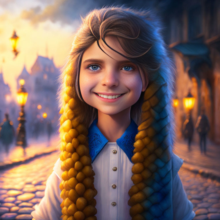 Whimsical young girl in furry hood coat on warmly lit evening street
