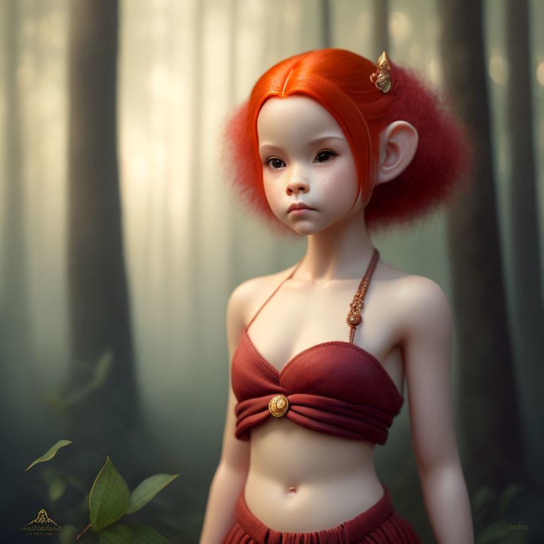 Whimsical female creature with red hair in mystic forest setting