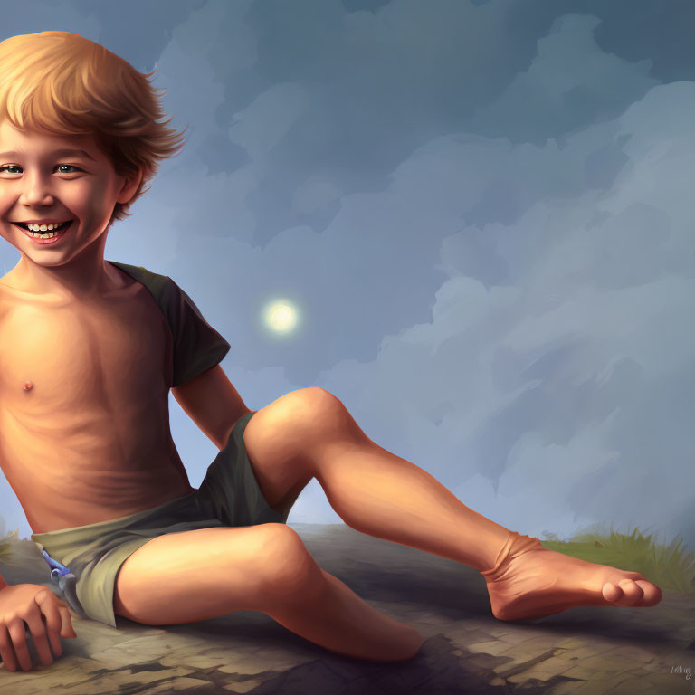 Young boy smiling on ground against blue sky