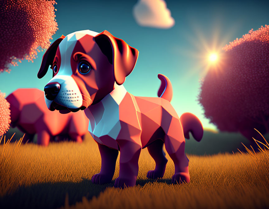 Low-poly cute puppy illustration in sunny grassy landscape