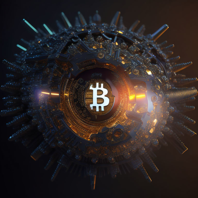 Detailed 3D illustration of futuristic spherical structure with Bitcoin symbol in dark background