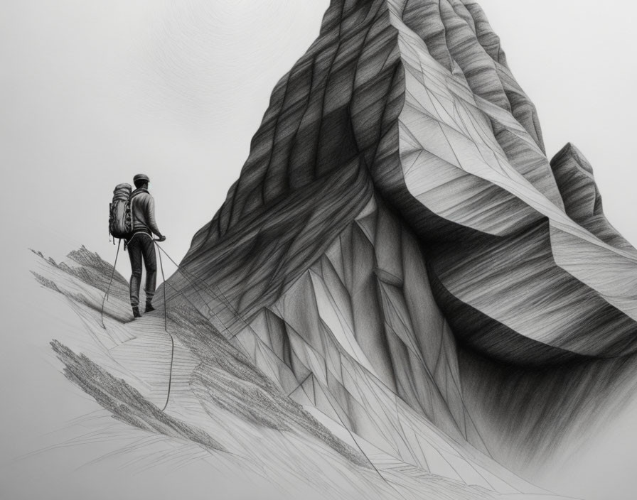 Hiker at base of textured mountain, looking up with movement lines