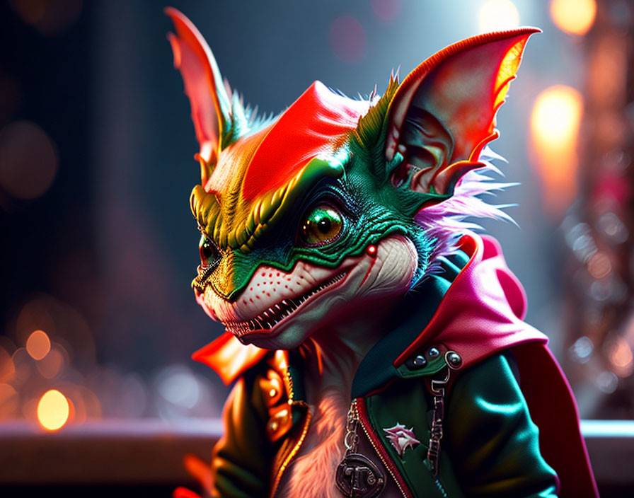 Colorful Anthropomorphic Creature in Stylish Jacket Against Nocturnal City Backdrop