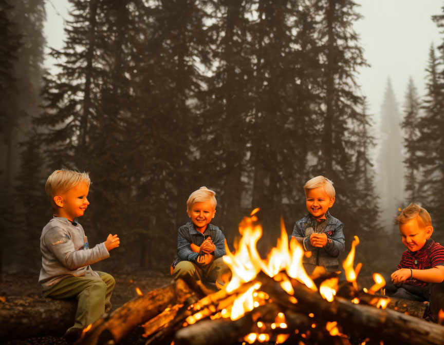 Four Children Smiling Around Campfire in Misty Forest