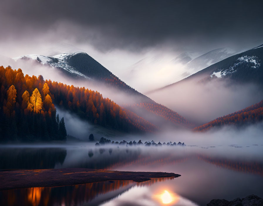 Mist-Covered Lake at Dawn with Silhouetted Mountains
