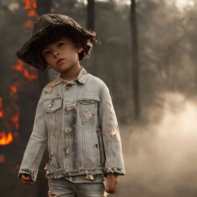 Child in Tattered Jean Jacket and Wide-Brimmed Hat in Smoky Forest with Flames