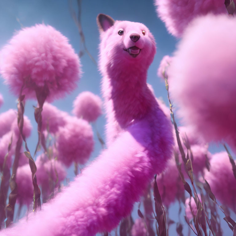 Pink furry creature in whimsical setting among pink plants and blue sky