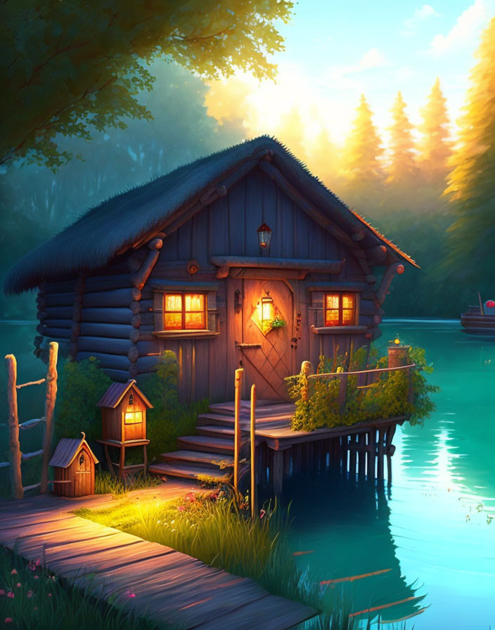 Rustic wooden cabin by tranquil lake at sunset