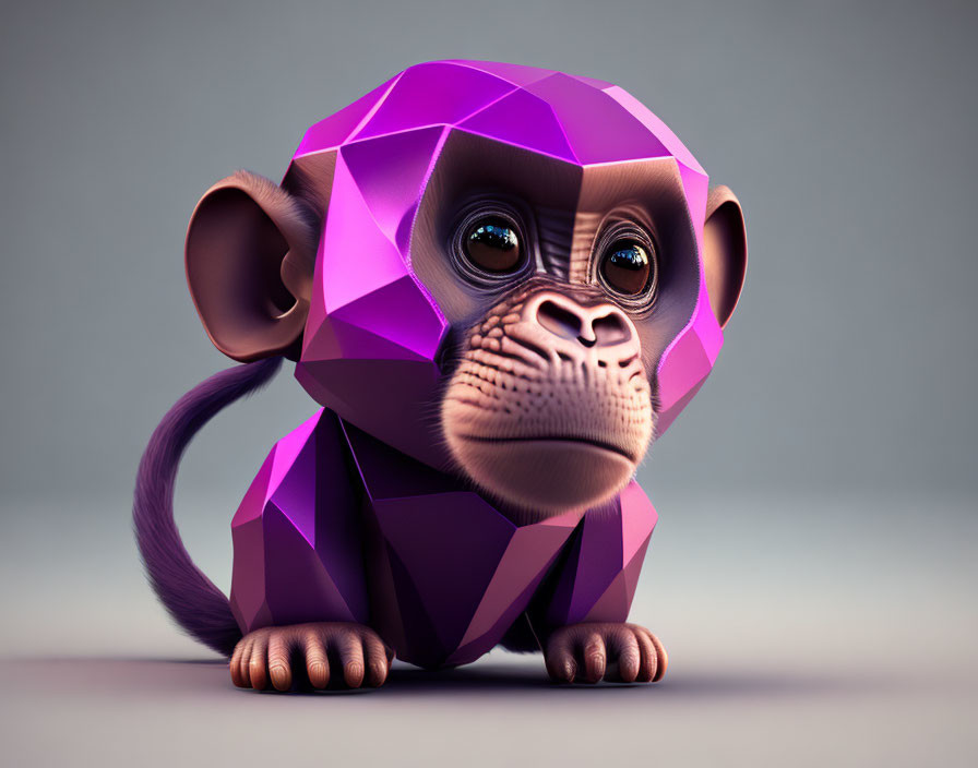 Geometric 3D Purple Monkey Illustration on Neutral Background