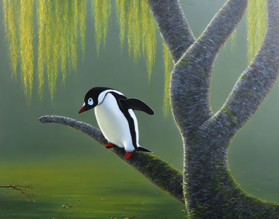 Penguin on Curved Tree Branch in Green Mist