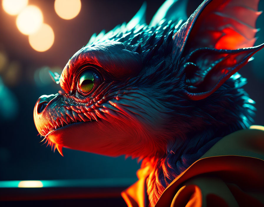 Digital fantasy creature with vibrant green eyes and sharp scales on bokeh light background