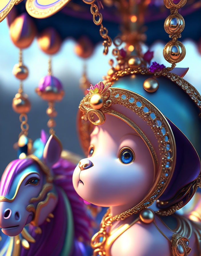 Colorful 3D illustration of a royal mouse with golden jewelry and carousel horse