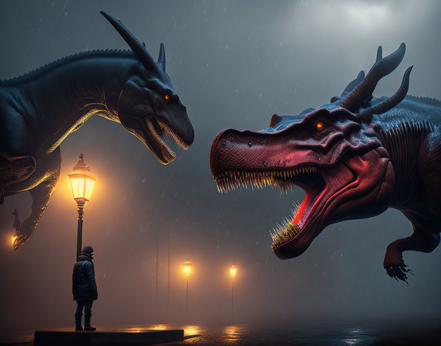 Person facing fierce dinosaurs in rainy, dark setting