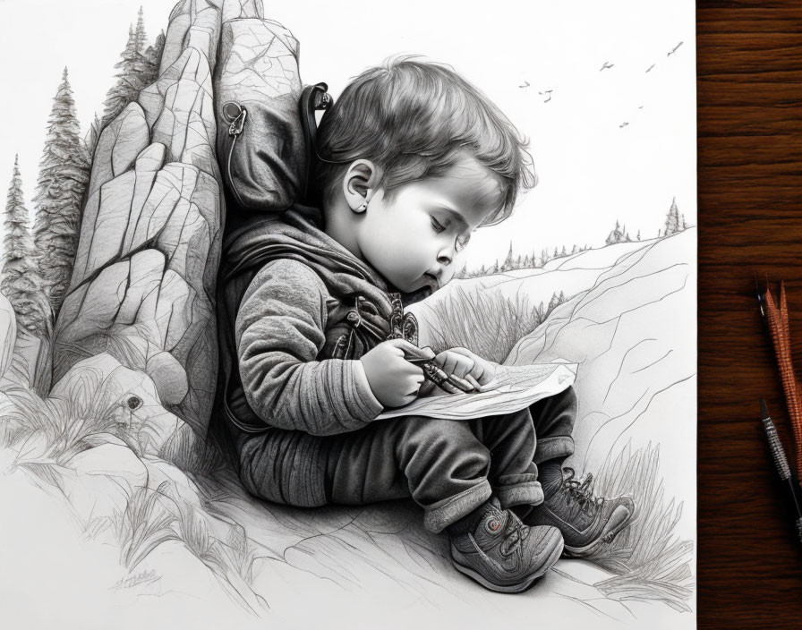 Child sketching by backpack in forest with birds - Pencil drawing