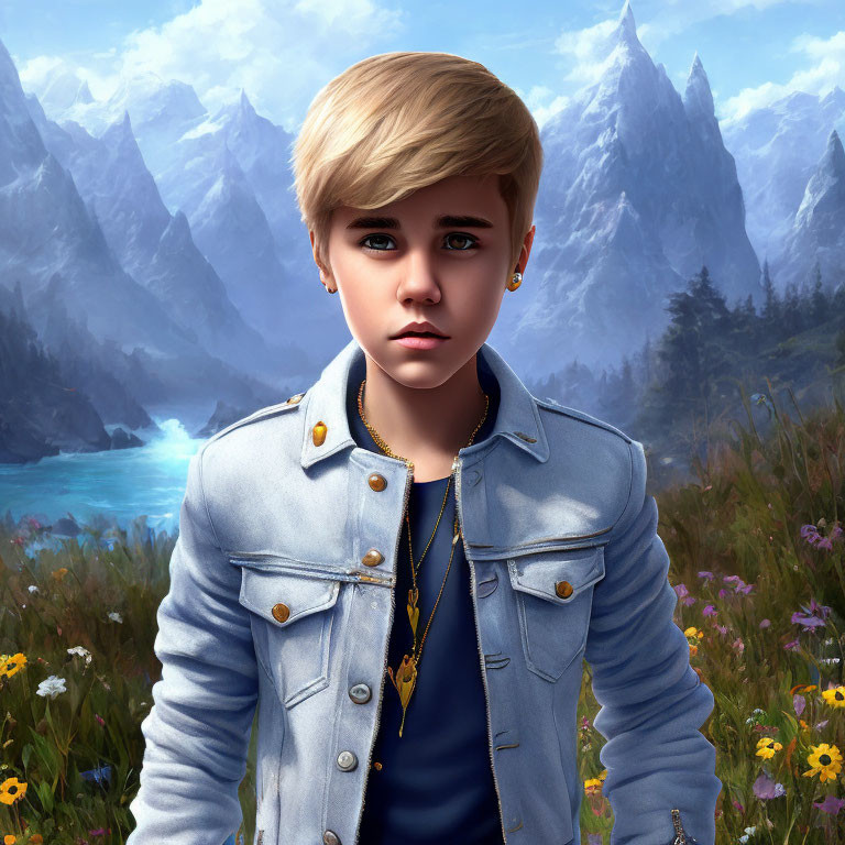 Digital artwork of young person with blonde hair in denim jacket against mountain backdrop