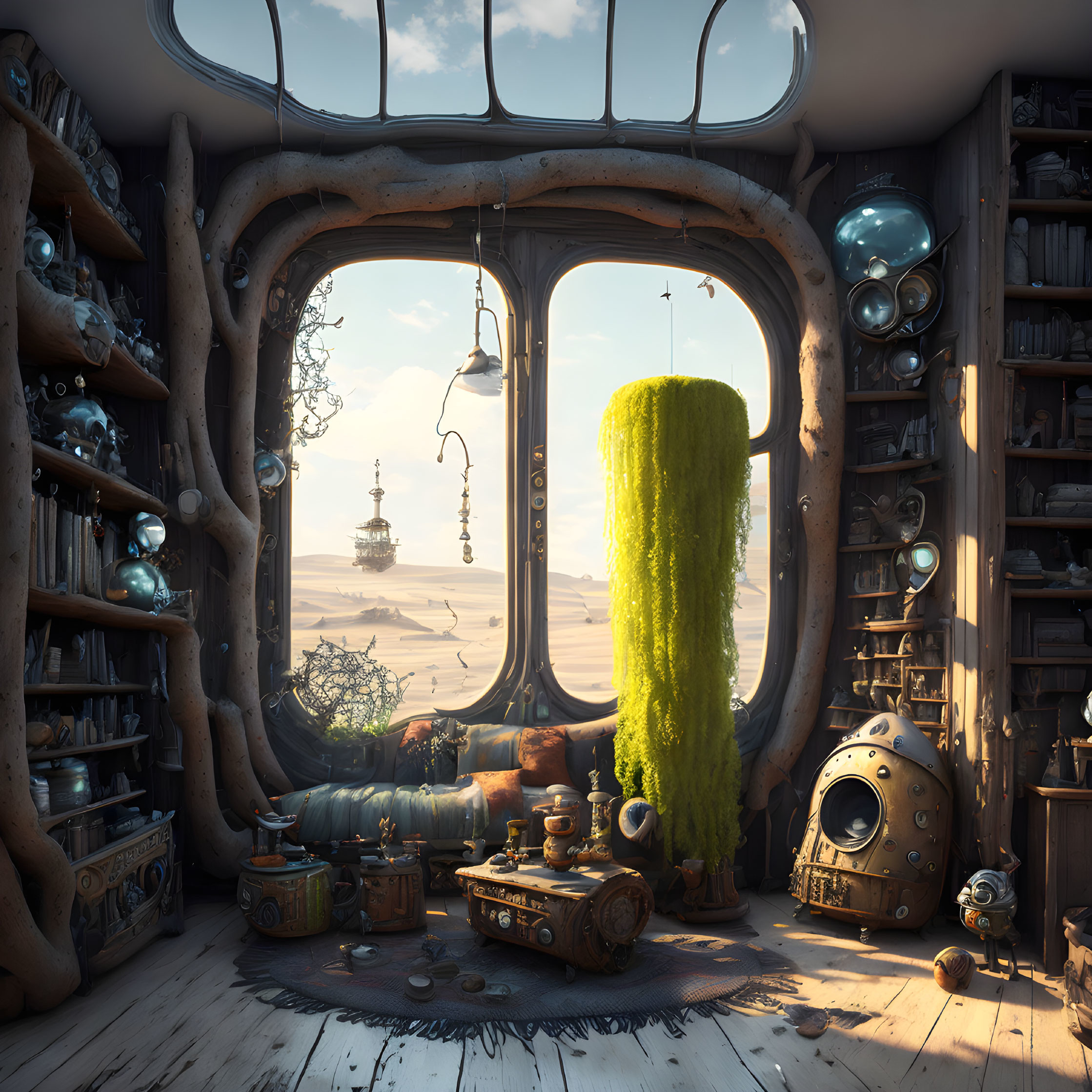 Steampunk interior with gadgets, green alcove, desert view, robotic figure
