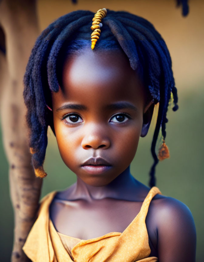 Young child with deep brown eyes and twisted hair adorned with beads in golden-yellow garment against soft-focus green