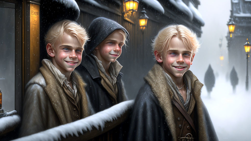 Three young boys in winter coats standing in snow under warm shop lights