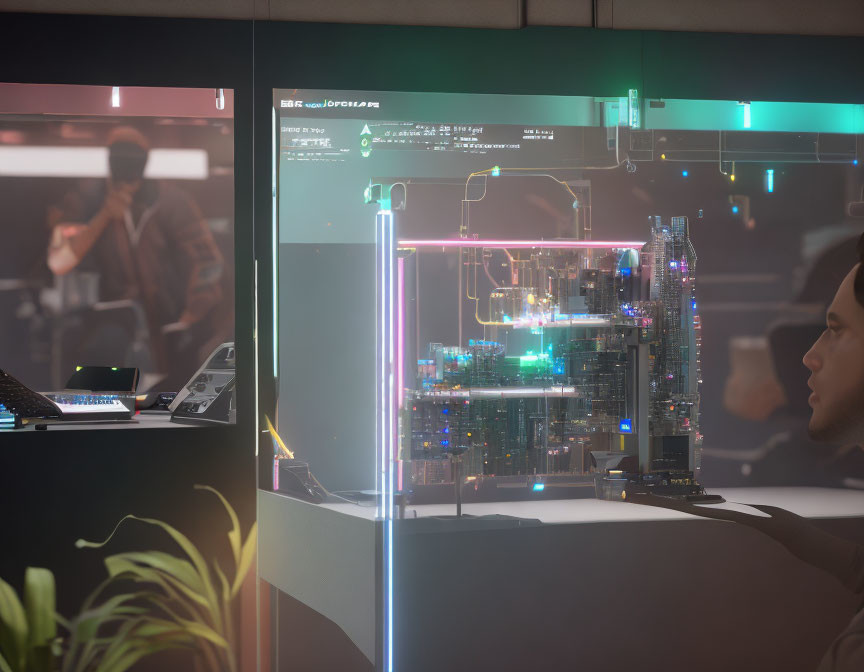 Futuristic workspace with transparent screens, neon-lit server tower & person.