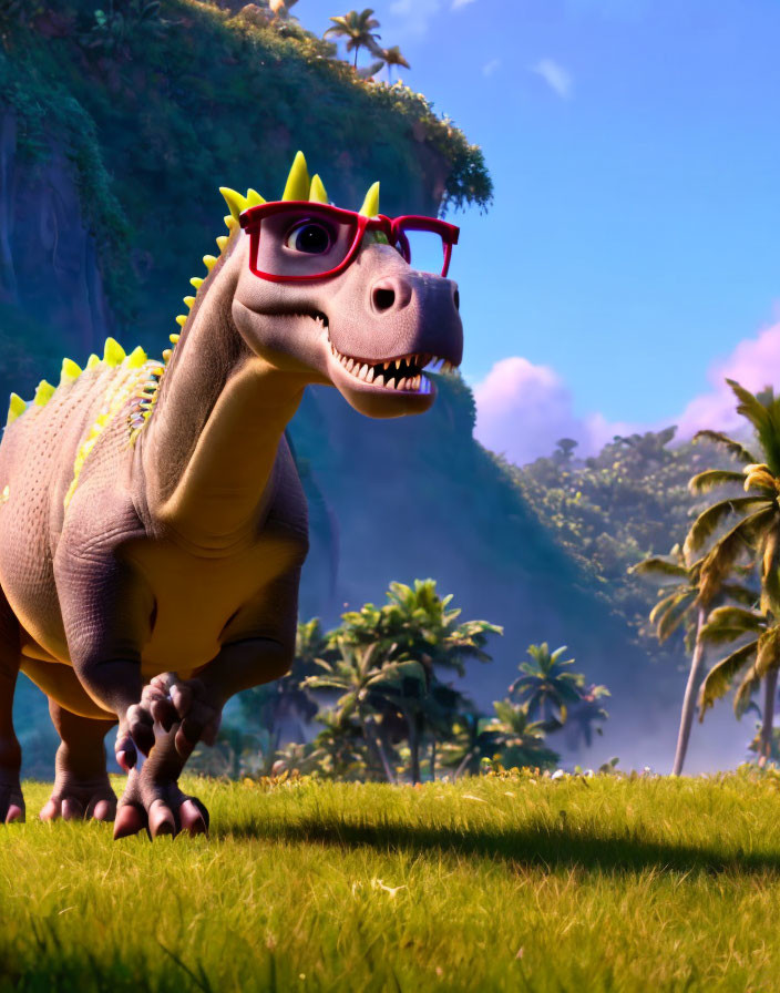 Colorful animated dinosaur with red glasses and star earring in vibrant landscape