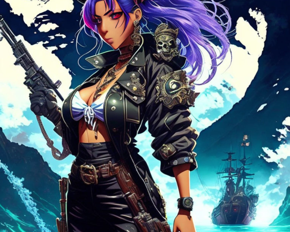 Purple-haired female pirate character with rifle in ocean background