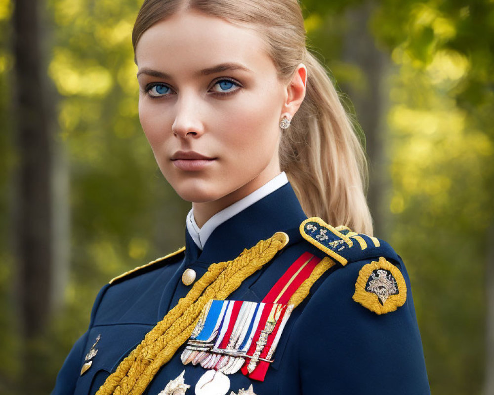 Woman in decorated military uniform with medals against forest backdrop