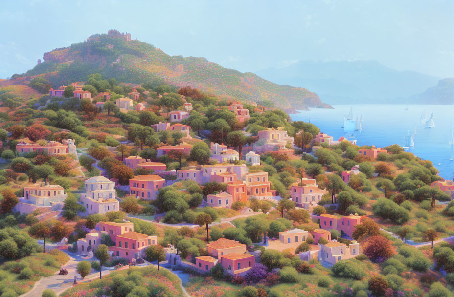 Pastel-colored coastal village with hilltop castle and serene sea waters