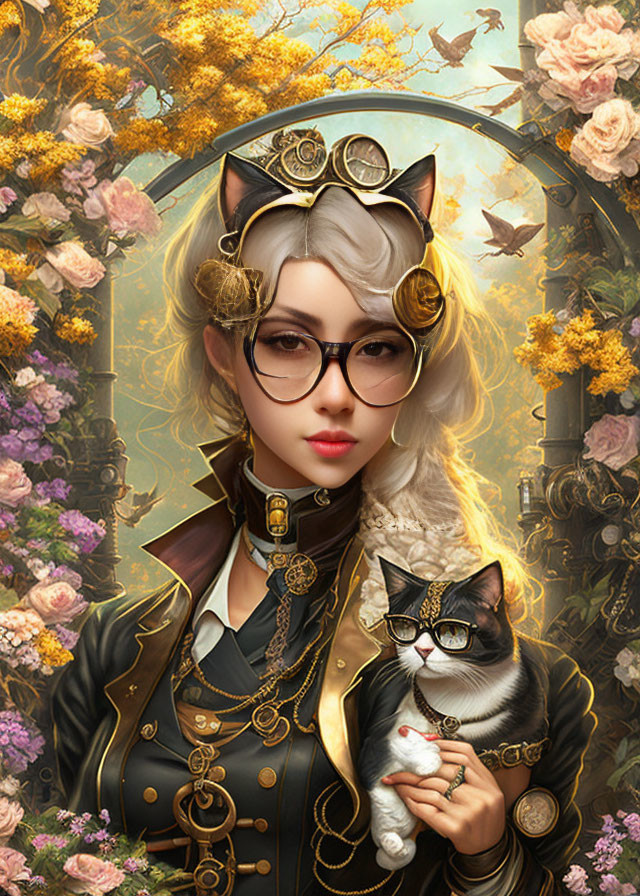 Steampunk-themed artwork featuring woman with cat ears and vintage glasses.