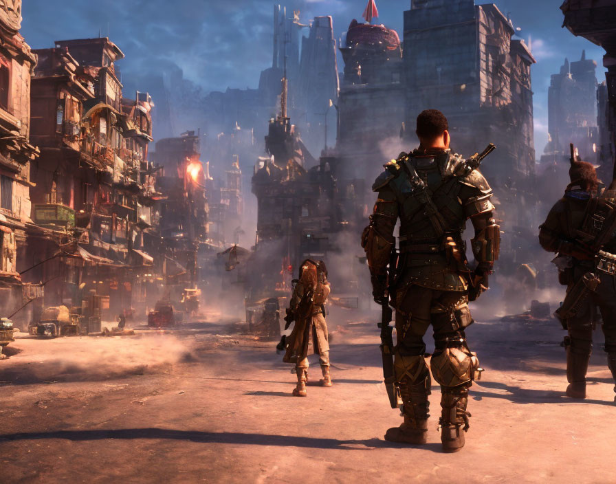 Three armored warriors in dystopian cityscape with towering buildings and fiery explosions.