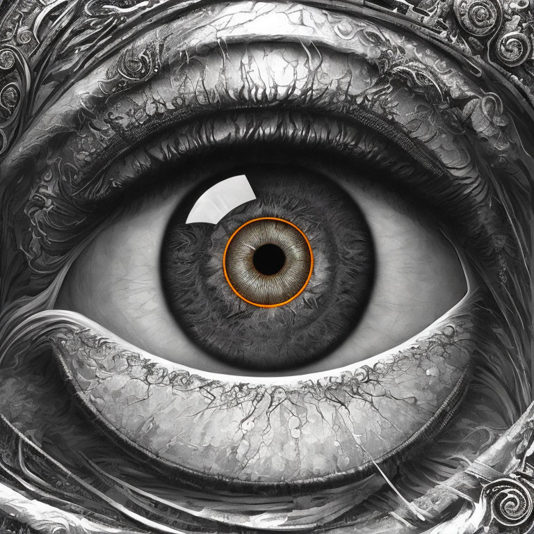 Monochromatic eye with intricate patterns and orange ring.