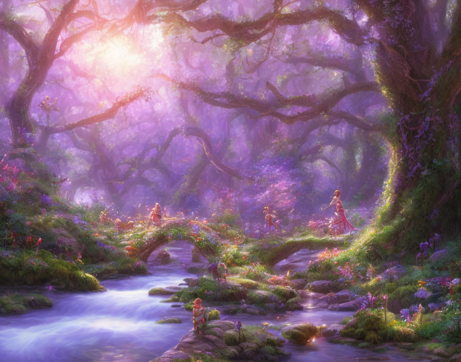 Enchanting forest scene with stream, vibrant flora, warm sunlight, and ethereal figures