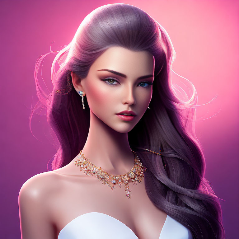 Digital artwork: Woman with purple hair, blue eyes, gold jewelry on pink background