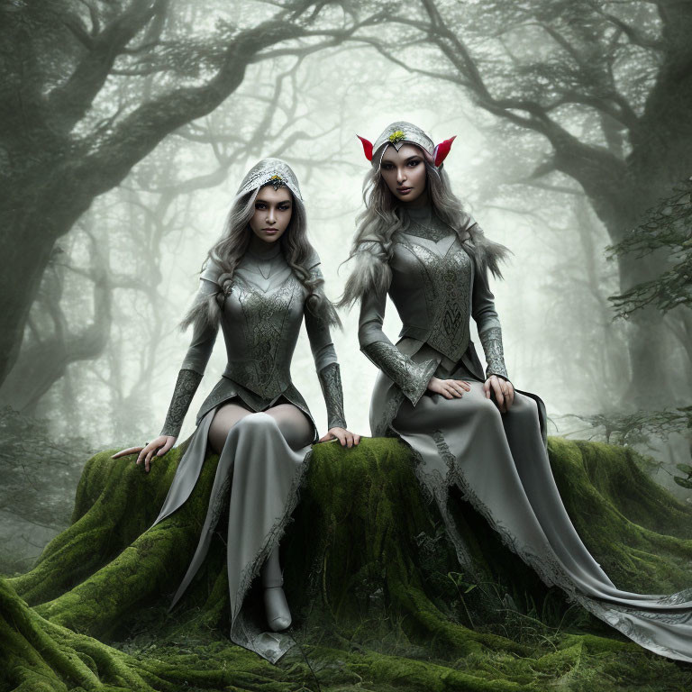 Two women in detailed fantasy attire with pointed ear accessories, seated in misty forest