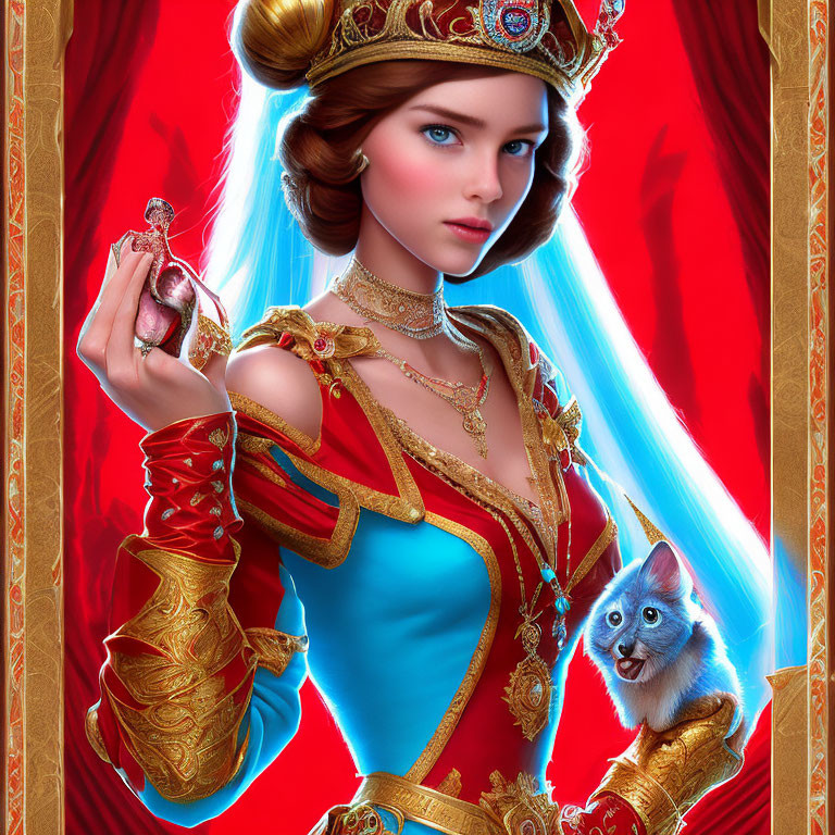 Regal woman in gold-trimmed dress with crown and cat on red background